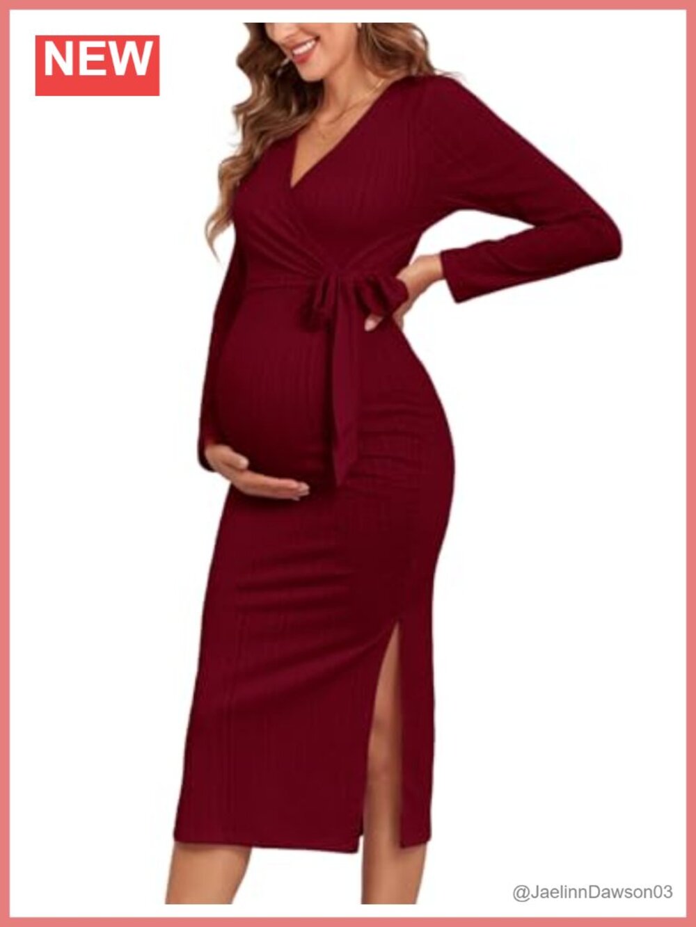 Rib Knit Maternity Nursing Dress Knot Side Long Sleeve V Neck Bodycon Wrap